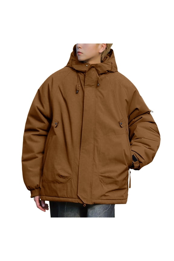 Men's Coat Autumn Winter Solid Color Oversized Hooded Parka With Drawstring Long Sleeve Zipper Utility Pockets Warm Coat For Casual Daily Streetwear Activities Cozy Outerwear