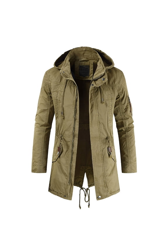 Men's Coat Autumn Winter Solid Color Parka Jacket With Hood Drawstring Long Sleeve Zipper Utility Pockets Outdoor Style Coat For Casual Daily Streetwear Activities Relaxed Fit Outerwear