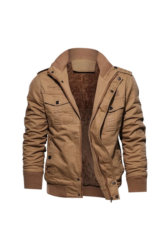 Men's Coat Autumn Winter Solid Color Plush Lined Military Jacket With Ribbed Trim Long Sleeve Zipper Utility Pockets Patch Coat For Casual Daily Streetwear Activities Trendy Outerwear