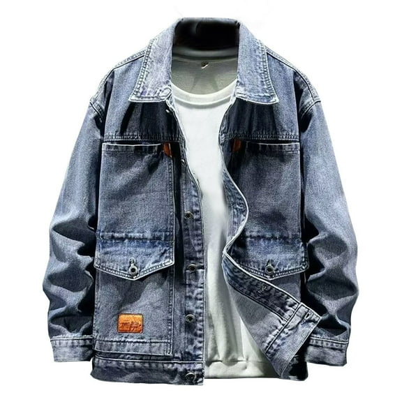 VNKIDY Men's Coat Autumn Winter Solid Color Washed Denim Jacket With Leather Patch Bust Pockets Long Sleeve Button Front Retro Style Coat For Daily Streetwear Activities Stylish Outerwear
