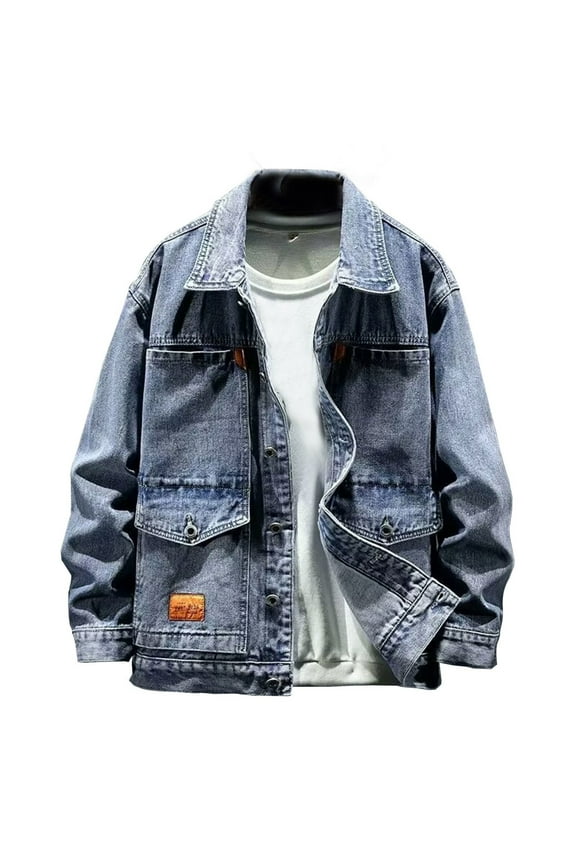 Men's Coat Autumn Winter Solid Color Washed Denim Jacket With Leather Patch Bust Pockets Long Sleeve Button Front Retro Style Coat For Daily Streetwear Activities Relaxed Fit Outerwear