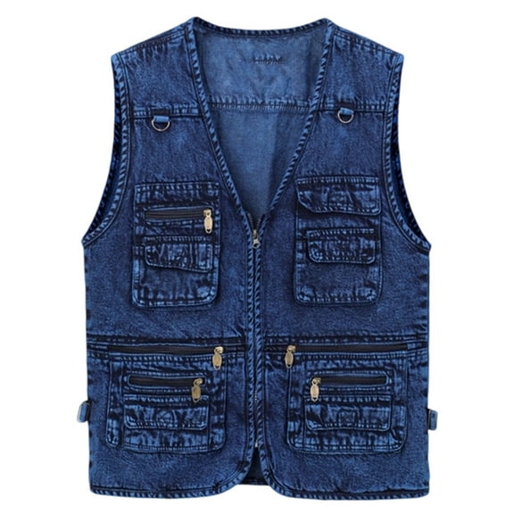 VNKIDY Men's Coat Autumn Winter Washed Denim Utility Vest With Multiple Pockets Sleeveless Zipper Front Functional Layered Style Coat For Casual Daily Streetwear Activities Stylish Outerwear