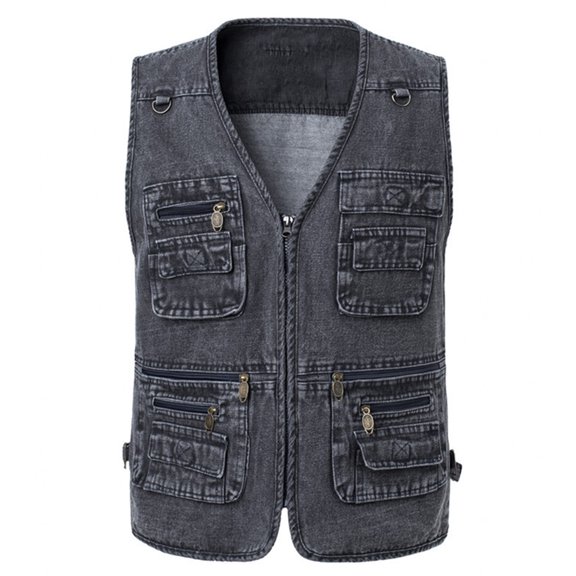 VNKIDY Men's Coat Autumn Winter Washed Denim Utility Vest With Multiple Pockets Sleeveless Zipper Front Functional Layered Style Coat For Casual Daily Streetwear Activities Cozy Outerwear