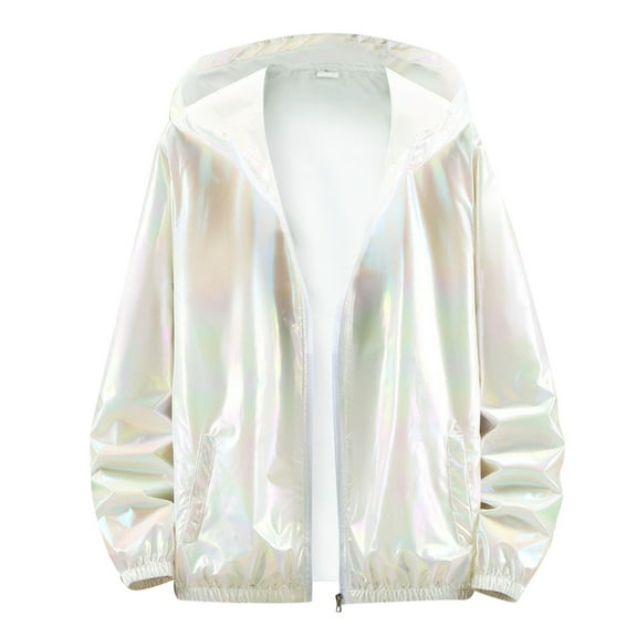 VNKIDY Men's Coat Spring Autumn Iridescent Holographic Hooded Jacket With Full Zipper Long Sleeve Shiny Coat For Casual Daily Streetwear Activities Trendy Outerwear