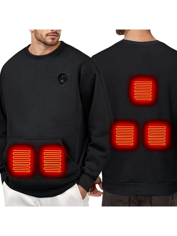 Men's Heated Hoodless Sweatshirt Winter Warm Pullover Thermal Long Sleeve Casual Tops Cold Weather Outdoor Indoor Comfort Male Solid Color Autumn Streetwear Breathable