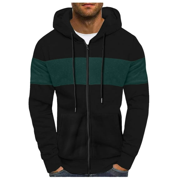 VNKIDY Men's Hoodies Autumn Winter Color Block Oversized Zipper Coat Thermal Long Sleeve Loose Fit Hooded Sweatshirt For Cold Weather Cozy Tops