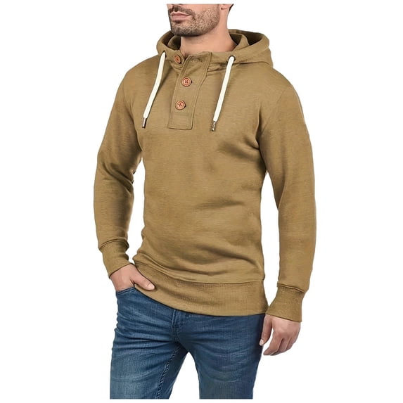 VNKIDY Men's Hoodies Fall Solid Color Hooded Henley Shirt Long Sleeve Slim Fit Hooded Pullover With Button Placket For Casual Daily Wear Soft Tops
