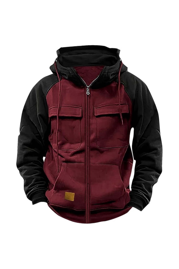 Men's Hoodies Fall Winter Street Style Color Block Sweatshirts With Multiple Pockets Long Sleeve Zipper Loose Fit Outerwear For Daily Wear Durable Tops