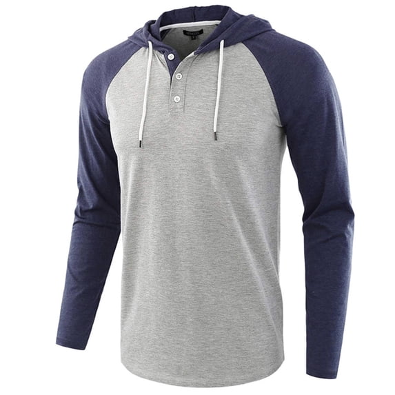 VNKIDY Men's Hoodies Lightweight Color Block Drawstring Hooded Henley Shirt Long Sleeve Loose Fit Pullover For Casual Daily Wear Cozy Tops
