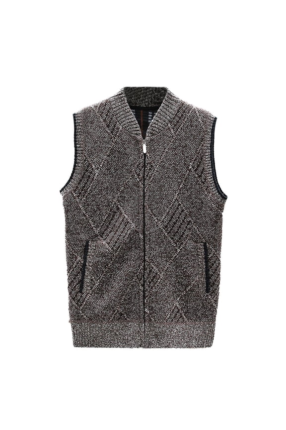 Men's Knit Sweater Vest Warm Diamond Pattern Relaxed Fit Textured Coat Sleeveless Full Zipper Cardigan For Cold Weather Cozy Knitwear
