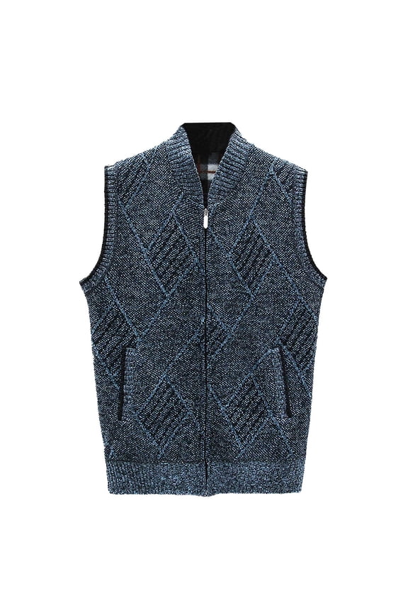 Men's Knit Sweater Vest Warm Diamond Pattern Relaxed Fit Textured Coat Sleeveless Full Zipper Cardigan For Cold Weather Trendy Knitwear