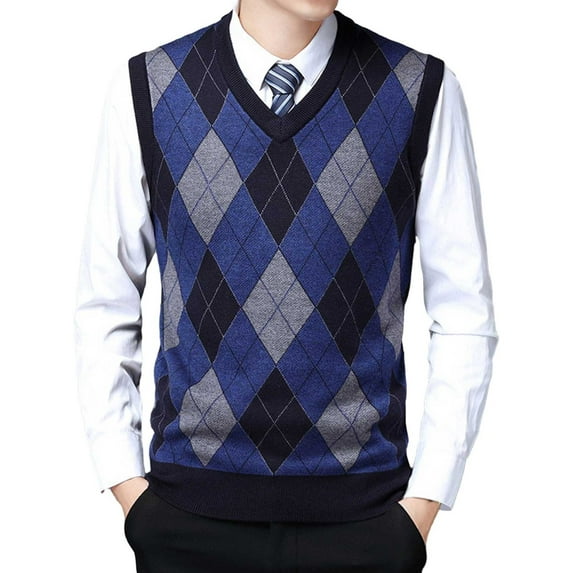 VNKIDY Men's Knitted Sweater Vest Diamond Pattern Relaxed Fit Pullover Sleeveless V Neck Jumper For Casual Daily Wear Fashionable Knitwear