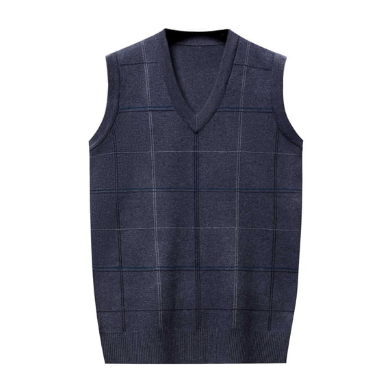 VNKIDY Men's Knitted Sweater Vest Winter Thermal Plaid Pattern Relaxed Fit Pullover Sleeveless V Neck Jumper For Cold Weather Cozy Knitwear