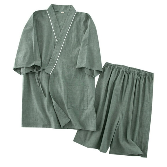 VNKIDY Men's Loungewear Lightweight 2 Piece Loungewear Set Short Sleeve Kimono Robe With Piping Matching Loose Fit Shorts Pajama Set For Comfortable Home Relaxation Versatile Homewear