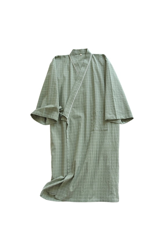 Men's Loungewear Lightweight Grid Patterned Kimono Robe Short Sleeve Cotton Nightrobe With Piping Detail Single Pocket For Home Relaxing Versatile Homewear