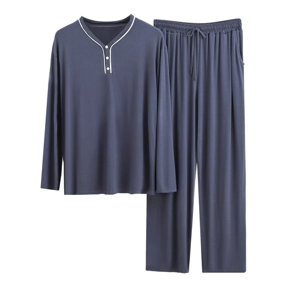 VNKIDY Men's Loungewear Lightweight Soft 2 Piece Pajama Set Long Sleeve Crewneck Top With Button Details Loose Fit Elastic Waisted Pants Loungewear Set Soft Homewear