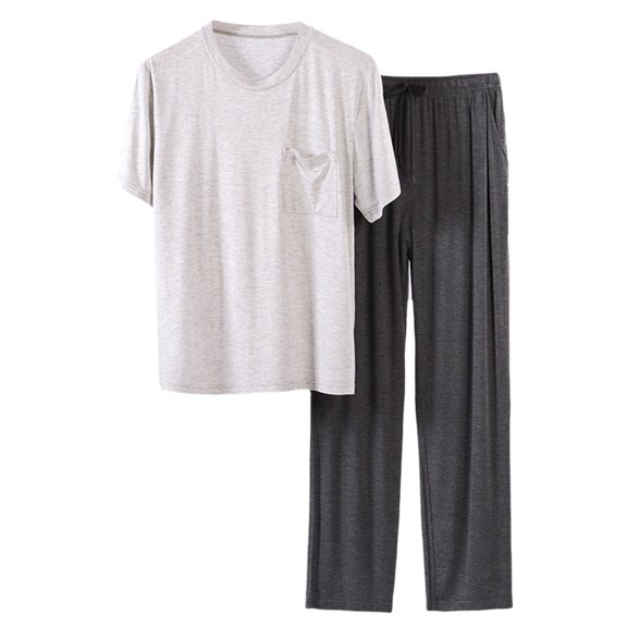VNKIDY Men's Loungewear Soft Lightweight 2 Piece Pajama Set Solid Color Short Sleeve Crewneck Top Loose Fit Pants Homewear Set For Home Relaxing Cozy Homewear