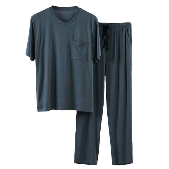 VNKIDY Men's Loungewear Soft Lightweight 2 Piece Pajama Set Solid Color Short Sleeve Crewneck Top Loose Fit Pants Homewear Set For Home Relaxing Cozy Homewear