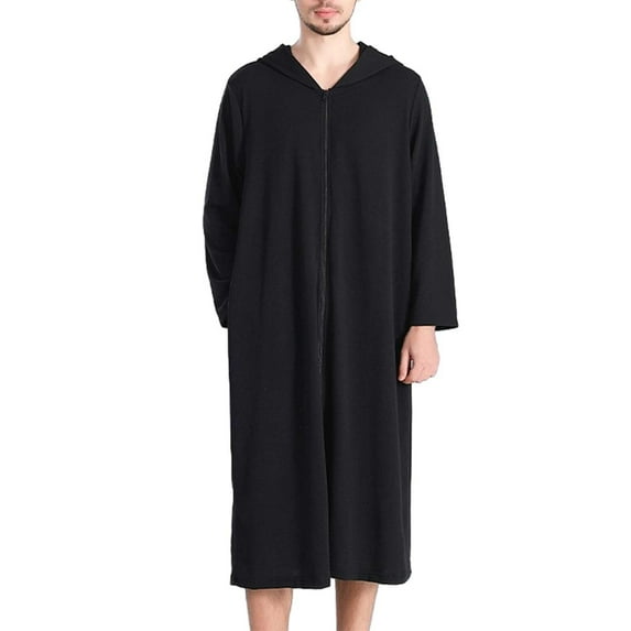 VNKIDY Men's Loungewear Solid Color Full Length Robe With Hood Long Sleeves Front Zipper Soft Nightrobe For Nightwear and Loungewear Classic Homewear