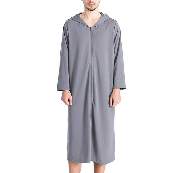 VNKIDY Men's Loungewear Solid Color Full Length Robe With Hood Long Sleeves Front Zipper Soft Nightrobe For Nightwear and Loungewear Leisure Homewear