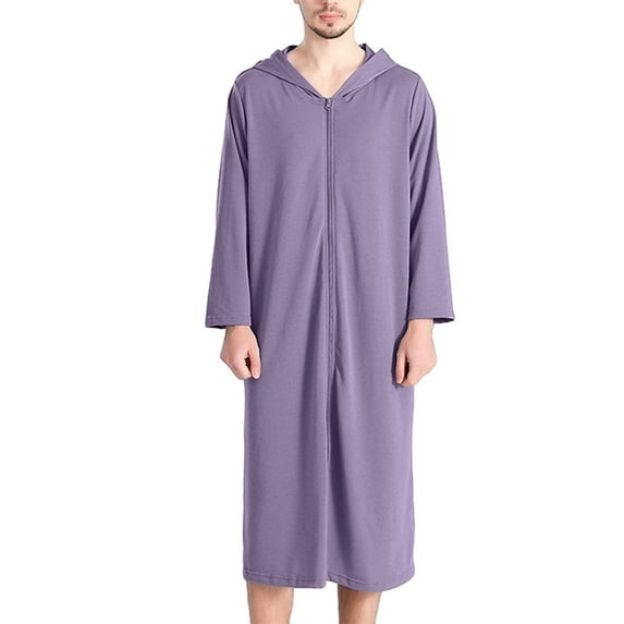 VNKIDY Men's Loungewear Solid Color Full Length Robe With Hood Long Sleeves Front Zipper Soft Nightrobe For Nightwear and Loungewear Trendy Homewear