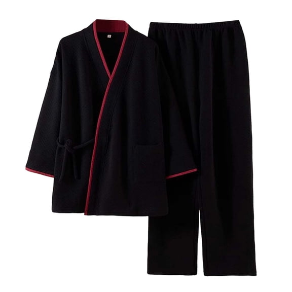 VNKIDY Men's Loungewear Solid Color Kimono Style Loungewear Sets Long Sleeve V Neck Contrast Trim Open Front Top Elastic Waist Pants For Casual Daily Home Activities Casual Homewear