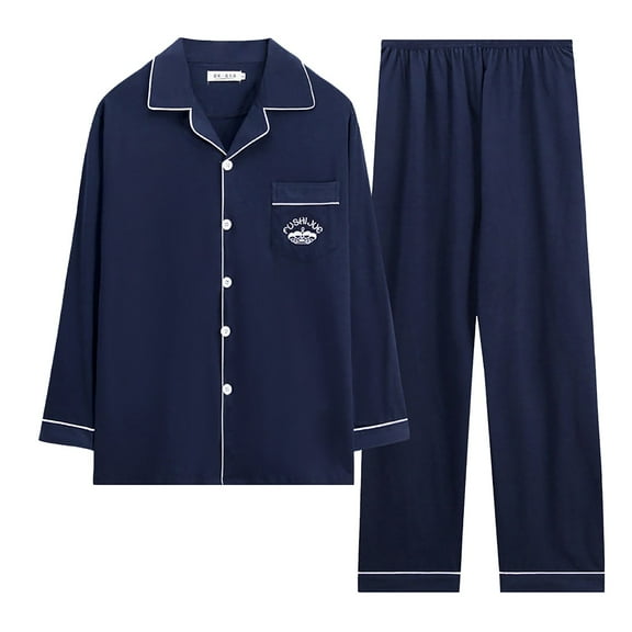 VNKIDY Men's Loungewear Solid Color Plaid Pajama Set Long Sleeve Button Front Top Loose Fit Pants With Pockets Soft Loungewear For Casual Daily Home Relaxation Activities Relaxed Fit Homewear