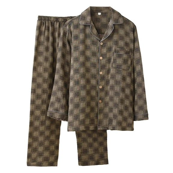 VNKIDY Men's Loungewear Solid Color Plaid Pajama Sets Long Sleeve Lapel Button Front Top Elastic Waisted Pants Soft Loungewear For Home Relaxation Activities Versatile Homewear