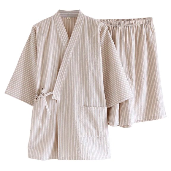 VNKIDY Men's Loungewear Solid Color Striped Kimono Pajama Sets Short Sleeve V Neck Belted Top Elastic Waisted Shorts Soft Loungewear For Casual Daily Home Relaxation Activities Fashionable Homewear
