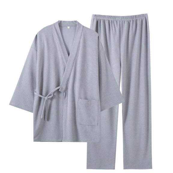 VNKIDY Men's Loungewear Solid Color Striped Kimono Style Loungewear Sets Long Sleeve Open Front Top Pocket Elastic Waist Pants For Casual Daily Home Relaxation Activities Classic Homewear