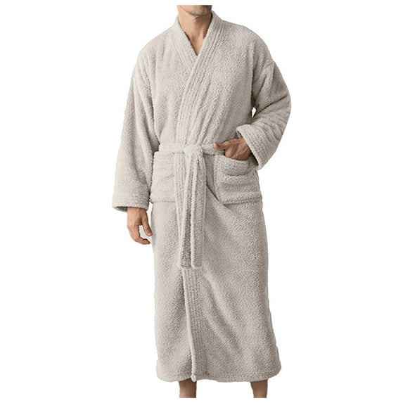 VNKIDY Men's Loungewear Solid Colored Textured Plush Long Sleeve V Neck Robe Belted Pockets Soft Loungewear For Casual Daily Home Relaxation Activities Stylish Homewear
