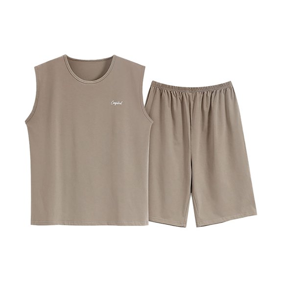 VNKIDY Men's Loungewear Summer Lightweight 2 Piece Pajama Set Solid Color Sleeveless Tank Top Loose Fit Shorts Loungewear Set For Home Wear Fashionable Homewear
