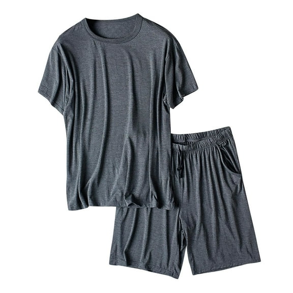 VNKIDY Men's Loungewear Summer Lightweight Solid Color 2 Piece Homewear Set Short Sleeve Crewneck Top Elastic Waisted Loose Fit Shorts Loungewear Set Cozy Homewear