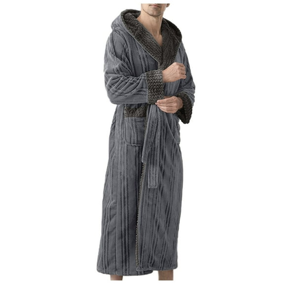 VNKIDY Men's Pajama Autumn Winter Thermal Robe With Contrast Plush Interior Long Sleeve Full Length Hooded Nightrobe With Belt Design Versatile Homewear