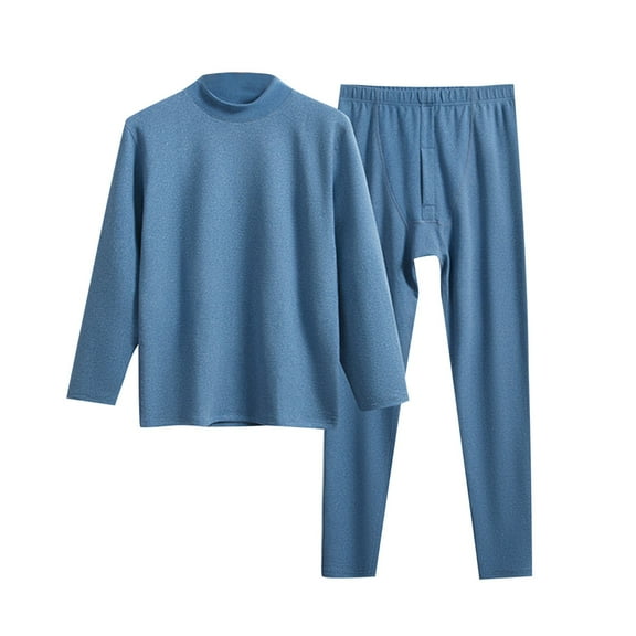 VNKIDY Men's Pajama Autumn Winter Thermal Solid Color 2 Piece Pajama Set Long Sleeve Crewneck Top Elastic Waisted Pants Loungewear Set Versatile Homewear