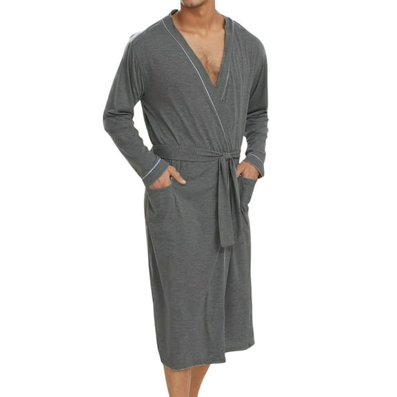 VNKIDY Men's Pajama Comfortable Soft Solid Color Robe With Contrast Trim Long Sleeve Nightrobe With Belt Design Front Pockets For All Season Wear Classic Homewear