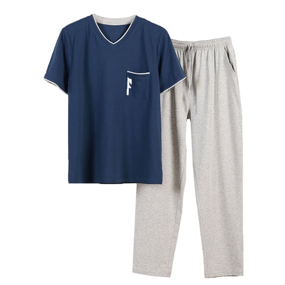 VNKIDY Men's Pajama Lightweight 2 Piece Homewear Set Solid Color Long Sleeve Crewneck T-Shirt Elastic Waisted Drawstring Loungewear Pants Pajama Set Relaxed Fit Homewear