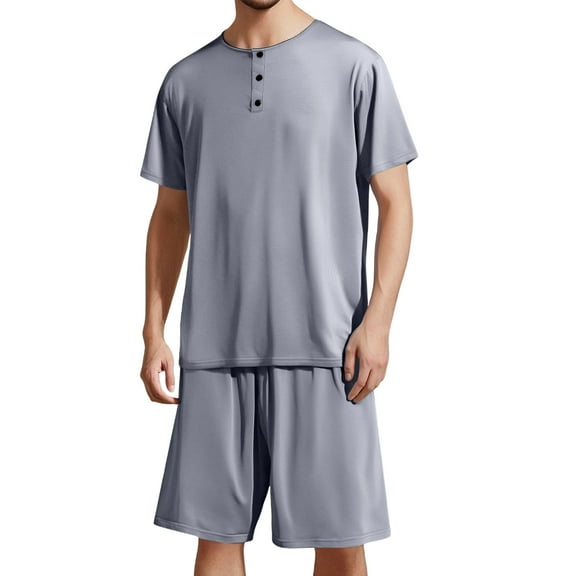 VNKIDY Men's Pajama Lightweight Solid Color 2 Piece Loungewear Set Short Sleeve Crewneck Top Elastic Waisted Loose Fit Shorts Pajama Set For Home Relaxing Casual Homewear