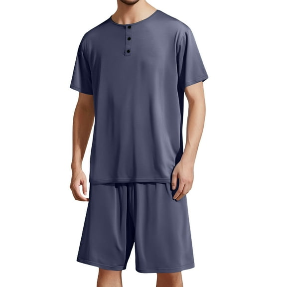 VNKIDY Men's Pajama Lightweight Solid Color 2 Piece Loungewear Set Short Sleeve Crewneck Top Elastic Waisted Loose Fit Shorts Pajama Set For Home Relaxing Stylish Homewear
