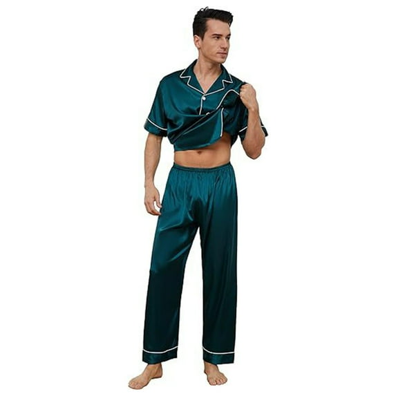 VNKIDY Men's Pajama Satin Silk Lightweight 2 Piece Pajama Set Short Sleeve Button Down Lapel Top Loose Fit Pants Loungewear Set Stylish Homewear