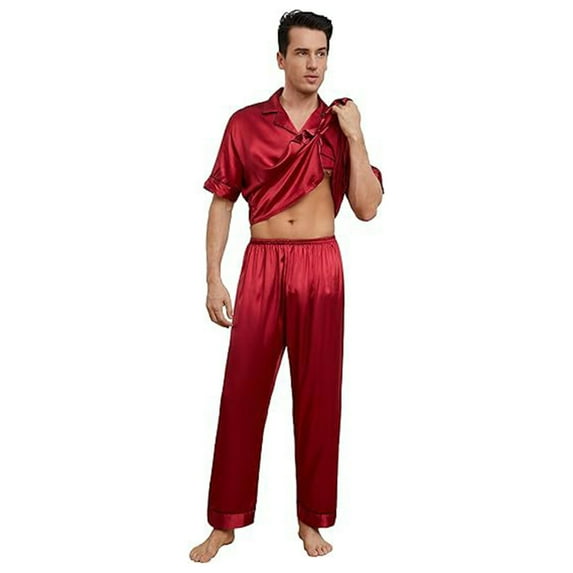 VNKIDY Men's Pajama Satin Silk Lightweight 2 Piece Pajama Set Short Sleeve Button Down Lapel Top Loose Fit Pants Loungewear Set Stylish Homewear