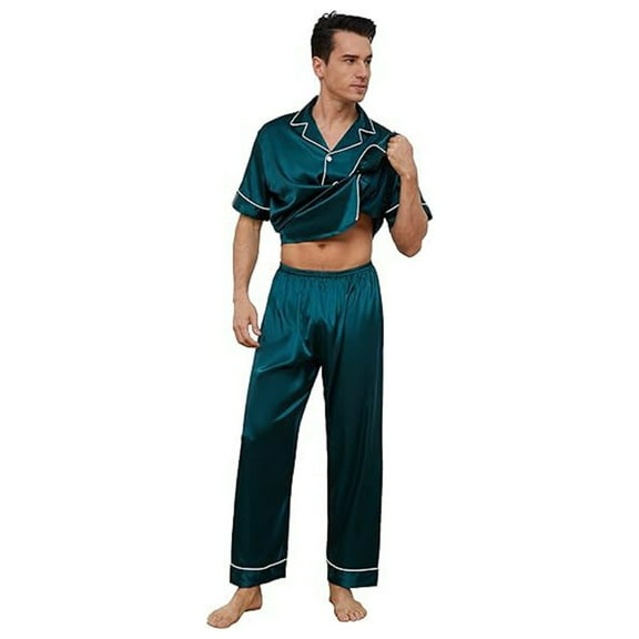 VNKIDY Men's Pajama Satin Silk Lightweight 2 Piece Pajama Set Short Sleeve Button Down Lapel Top Loose Fit Pants Loungewear Set Trendy Homewear