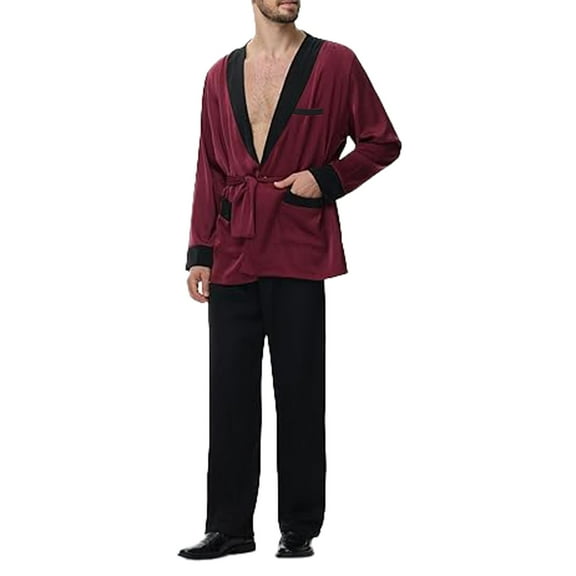 VNKIDY Men's Pajama Silk Burgundy Black Contrast Trim Loungewear Set Long Sleeve Robe With Belt Matching Loose Fit Pants For Home Relaxing Classic Homewear