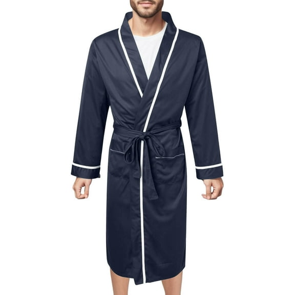 VNKIDY Men's Pajama Solid Color Lightweight Robe With Contrast Trim Long Sleeve Nightrobe With Belt Design Front Pockets For Home Relaxing Leisure Homewear