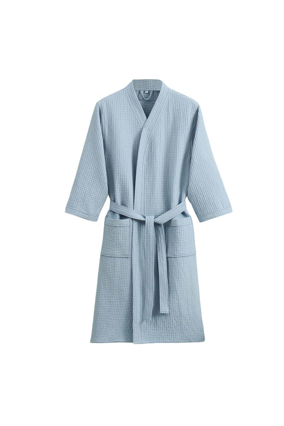 Men's Pajama Solid Color Waffle Weave Robe 3/4 Sleeve Belted Design Loungewear Nightrobe With Dual Front Pockets For Home Relaxing Versatile Homewear