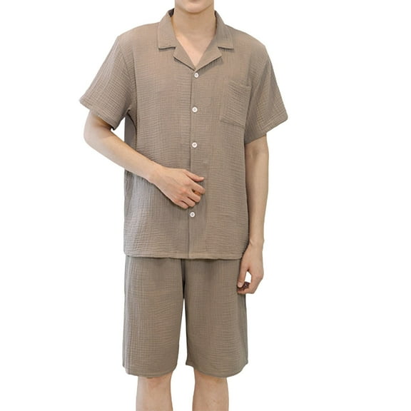 VNKIDY Men's Pajama Summer Lightweight 2 Piece Loungewear Set Solid Color Short Sleeve Lapel Button Down Top Loose Fit Shorts Pajama Set Soft Homewear