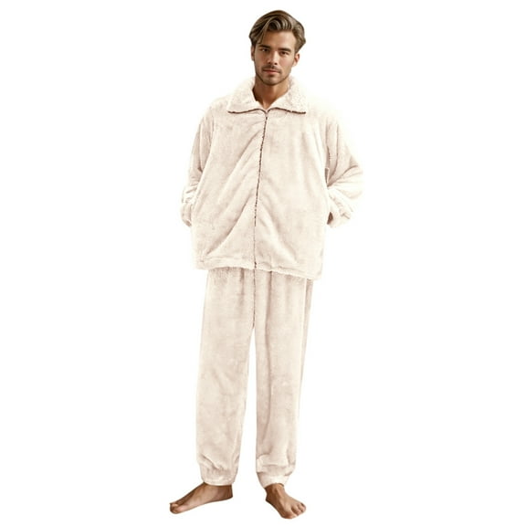 VNKIDY Men's Pajama Winter Solid Color Thermal 2 Piece Loungewear Set Long Sleeve Zipper Lapel Outerwear Elastic Waisted Loose Fit Pants Pajama Set Soft Homewear