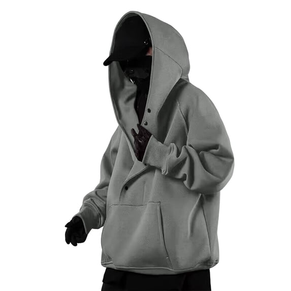 VNKIDY Men's Retro High Neck Hoodie Sweatshirt Loose Fit Streetwear Hop Pullover Casual Long Sleeve Hooded Jacket Autumn Winter Male Solid Color Outwear Cozy