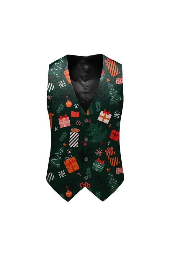 Men's Suit Vest Festive Pattern Relaxed Fit Dressy Coat Sleeveless V Neck Button Front Gilet For Holiday Season Classic Top