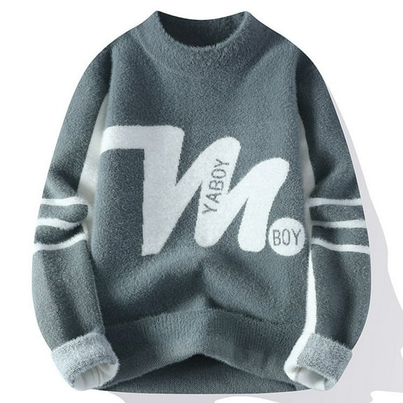 VNKIDY Men's Sweater Coat Autumn Winter Oversized Letter Graphic Knit Sweater Long Sleeve Crewneck Thermal Jumper For Cold Weather Daily Wear Stylish Knitwear